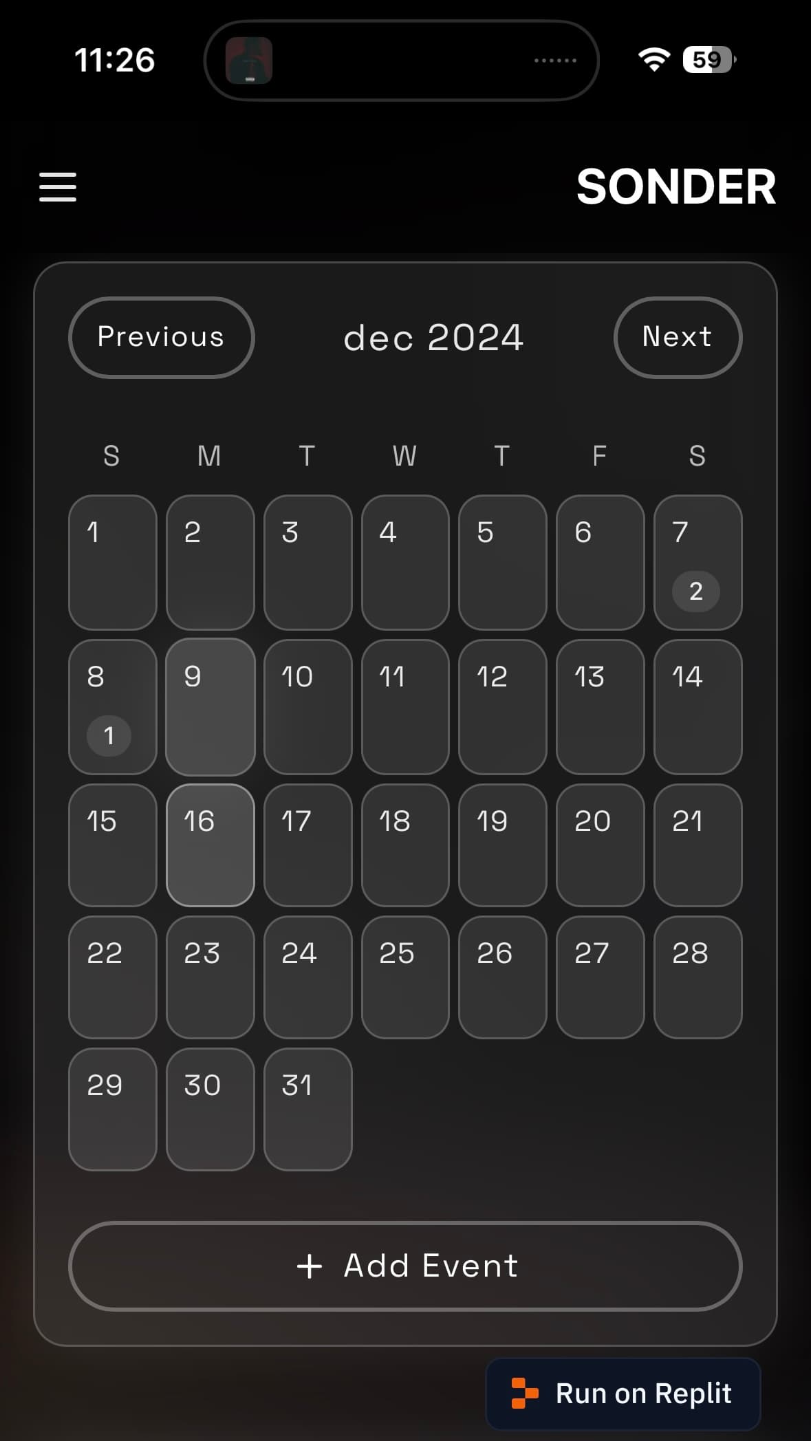 Events Management Interface